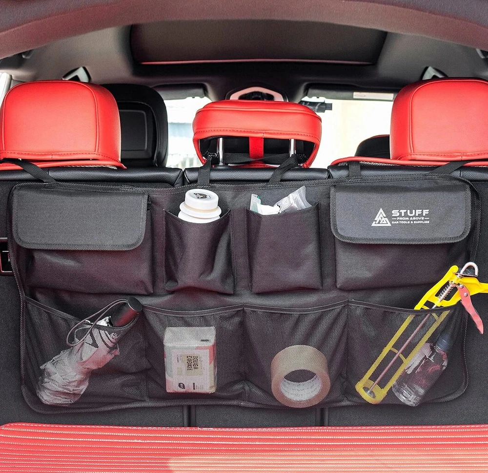 Stuff from above® automobilio bagažinės organizeris, juodas poliesteris (84 x 46 cm) su velcro nugaroje, automobilio organizeris, laikymo krepšys jūsų automobilio bagažinei, praktiška organizerio sistema, laikymas