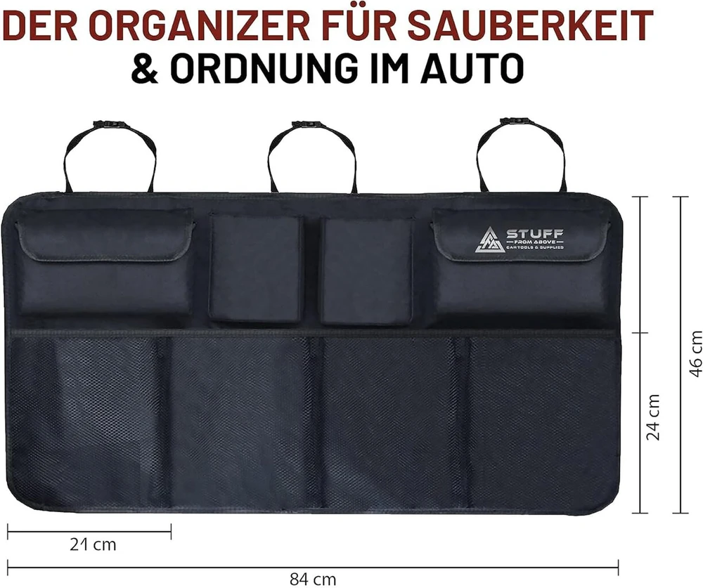 Stuff from above® automobilio bagažinės organizeris, juodas poliesteris (84 x 46 cm) su velcro nugaroje, automobilio organizeris, laikymo krepšys jūsų automobilio bagažinei, praktiška organizerio sistema, laikymas