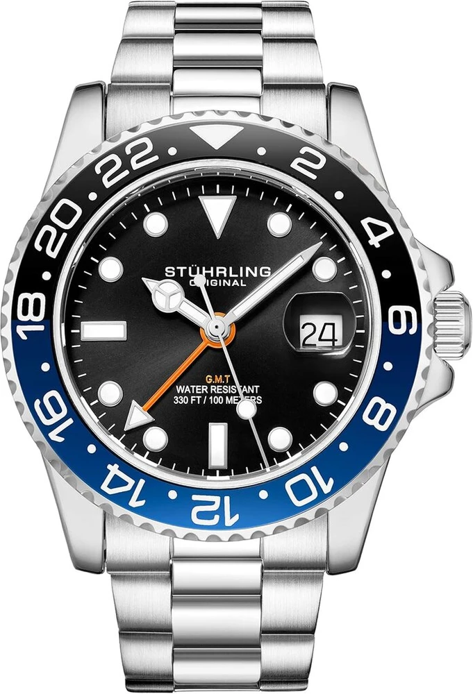Stuhrling Original vyriškas nerūdijančio plieno trijų eilių Gmt kvarcinis dviejų laiko zonų greito nustatymo datos laikrodis su prisukama karūnėle, atsparus vandeniui iki 10 Atm, sidabrinis, juodas, Classic