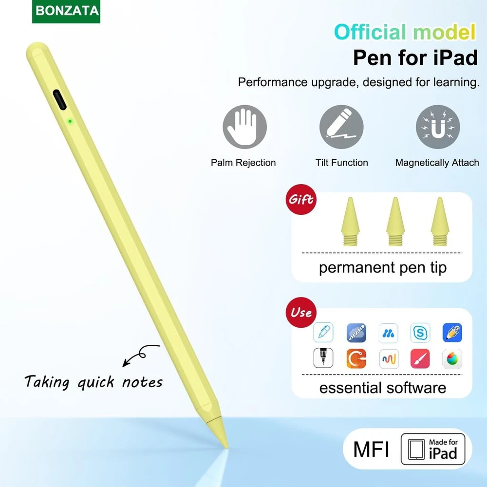 Stylus Pen Pro, skirtas Ipad 2018–2024, Ipencil 2-os kartos, skirtas Ipad su delno atmetimu ir pakreipimo jautrumu, pieštukas, skirtas Ipad 10/9/8/7/6, Ipad Mini 6/5, Ipad Air 5/4/3, Pro 11/12.9" geltonas