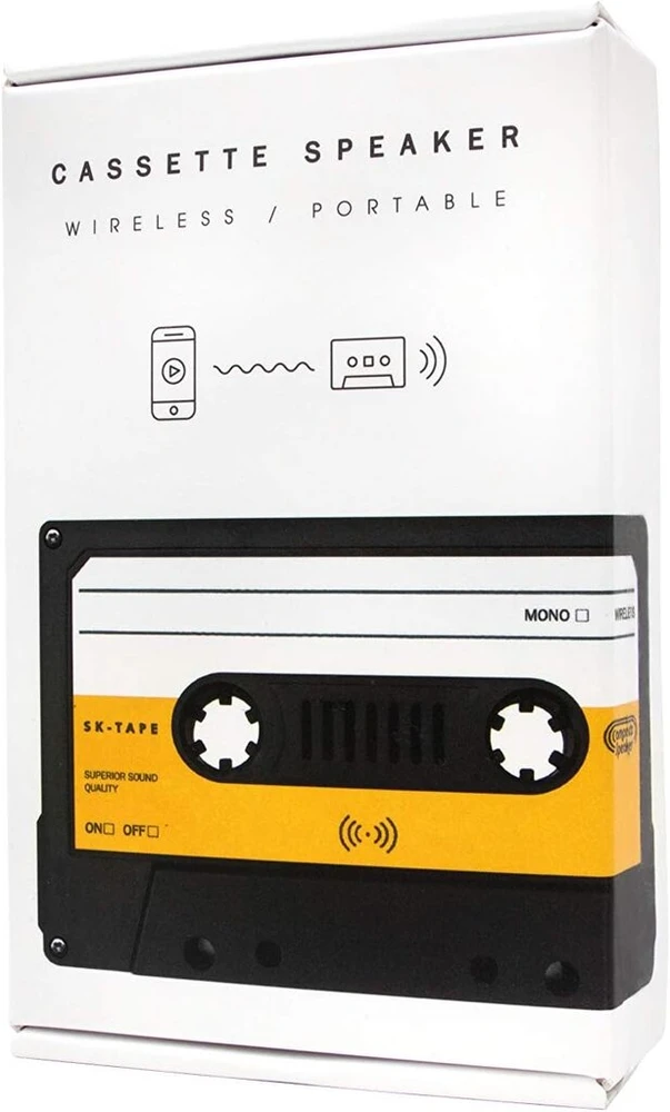 Kompiuterio kolonėlės Suck Uk kasetinis bluetooth garsiakalbis, retro dizaino mobiliojo telefono priedai, nešiojamas belaidis garsiakalbis, technologiniai prietaisai vyrams ir moterims, kasetės formos usb garsiakalbiai, bluetooth garsiakalbis