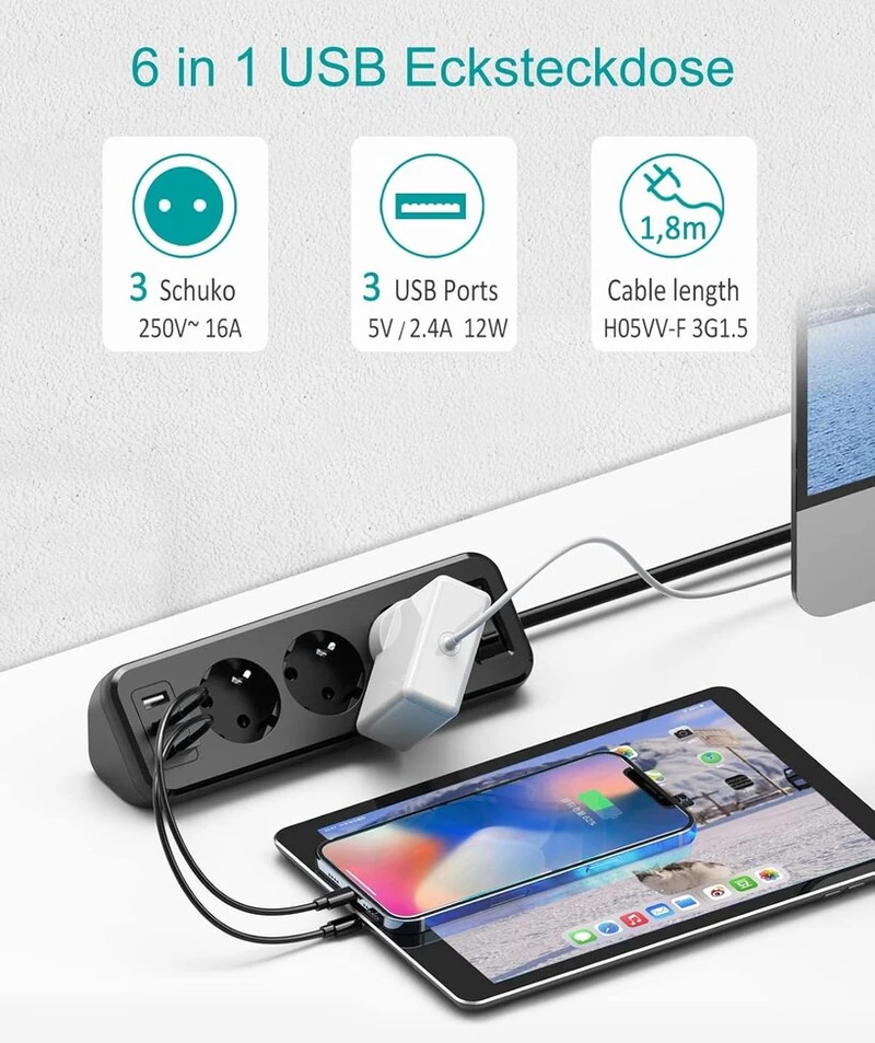 Sudeery 3 krypčių maitinimo lizdų blokas su 3 usb, daugiafunkcinis skirstytuvas, kampinis lizdas su jungikliu, keli lizdai, apsauga nuo perkrovos su 1,8 m ilginamuoju laidu virtuvei, juodas