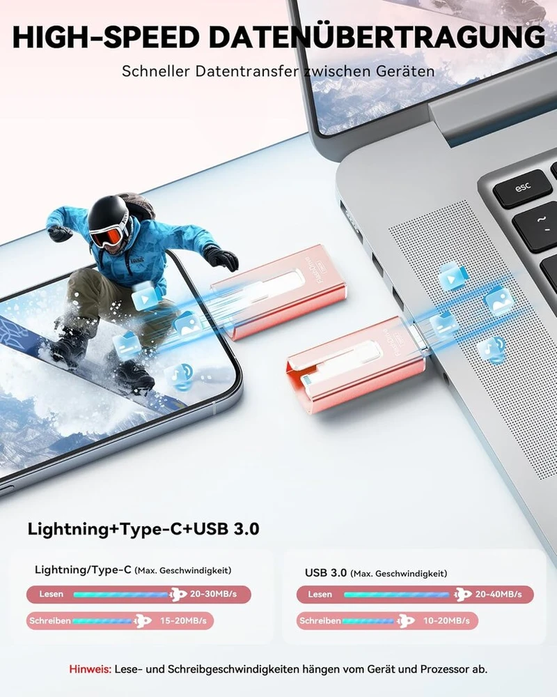 Sudeho usb atmintinė 256 gb, skirta iphone, mfi sertifikuota lightning atmintinė, stabilus duomenų perdavimas, 4-in-1 atmintinė, skirta iphone/ipad/android/pc, duomenų kopijavimas vienu spustelėjimu, rožinė