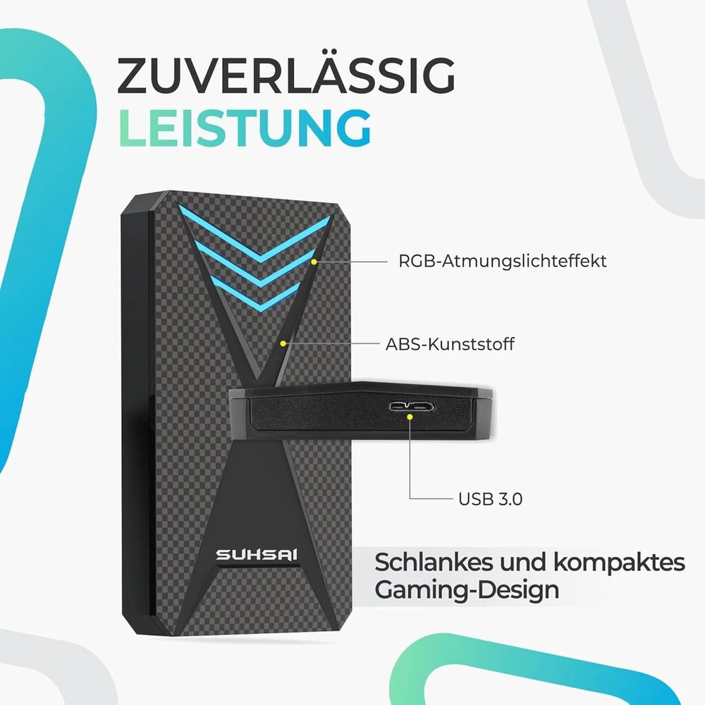 Kietasis diskas Suhsai 1tb išorinis žaidimų standusis diskas su rgb apšvietimu, nešiojamas usb 3.0 standusis diskas duomenų saugojimui/atsarginių kopijų plėtimui, hdd 2.5 colio standusis diskas, skirtas pc nešiojamam kompiuteriui mac išmaniesiems telefonams žaidimų konso