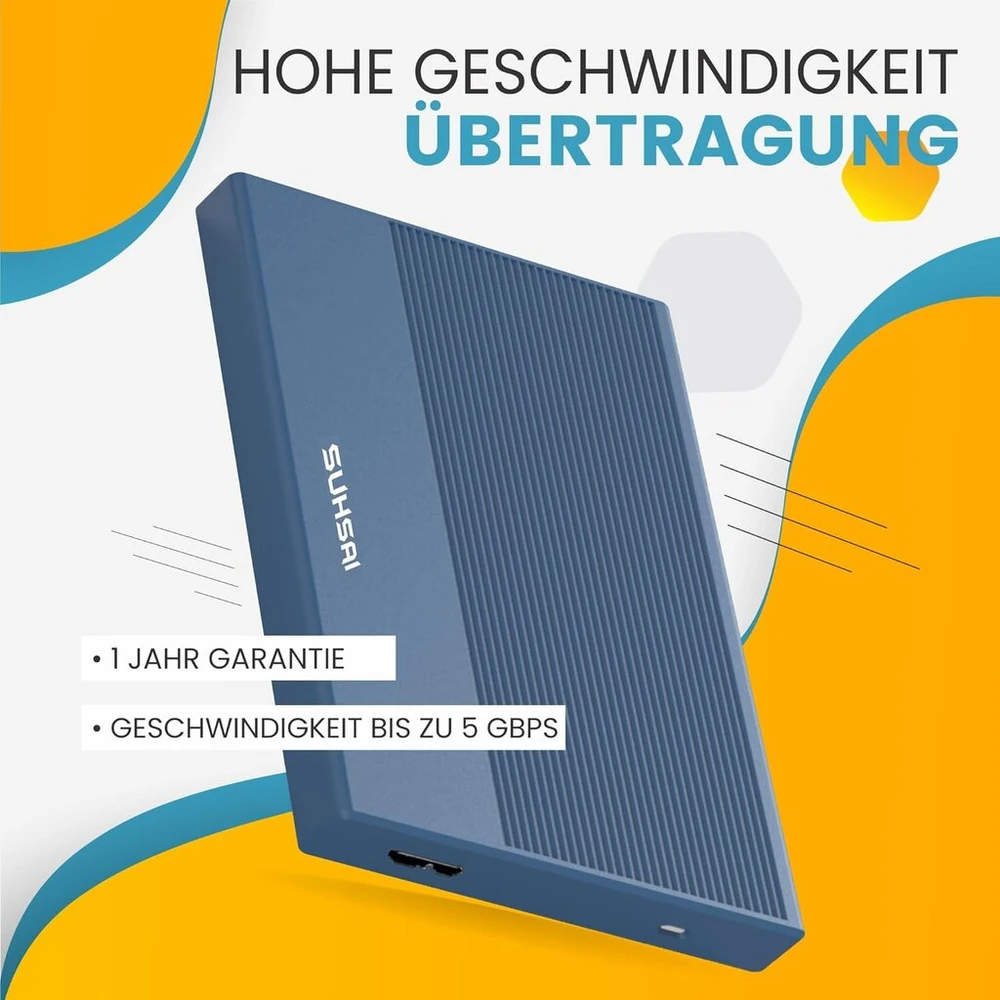 Kietasis diskas Suhsai 200gb išorinis standusis diskas, atsarginė kopija, Usb 3.0 didelės spartos duomenų perdavimas, suderinamas su Mac nešiojamuoju kompiuteriu, stacionariu kompiuteriu, žaidimų konsole (mėlynas)
