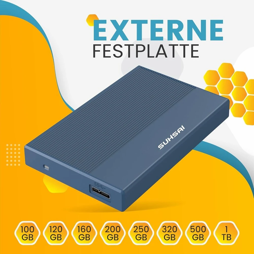Kietasis diskas Suhsai 200gb išorinis standusis diskas, atsarginė kopija, Usb 3.0 didelės spartos duomenų perdavimas, suderinamas su Mac nešiojamuoju kompiuteriu, stacionariu kompiuteriu, žaidimų konsole (mėlynas)