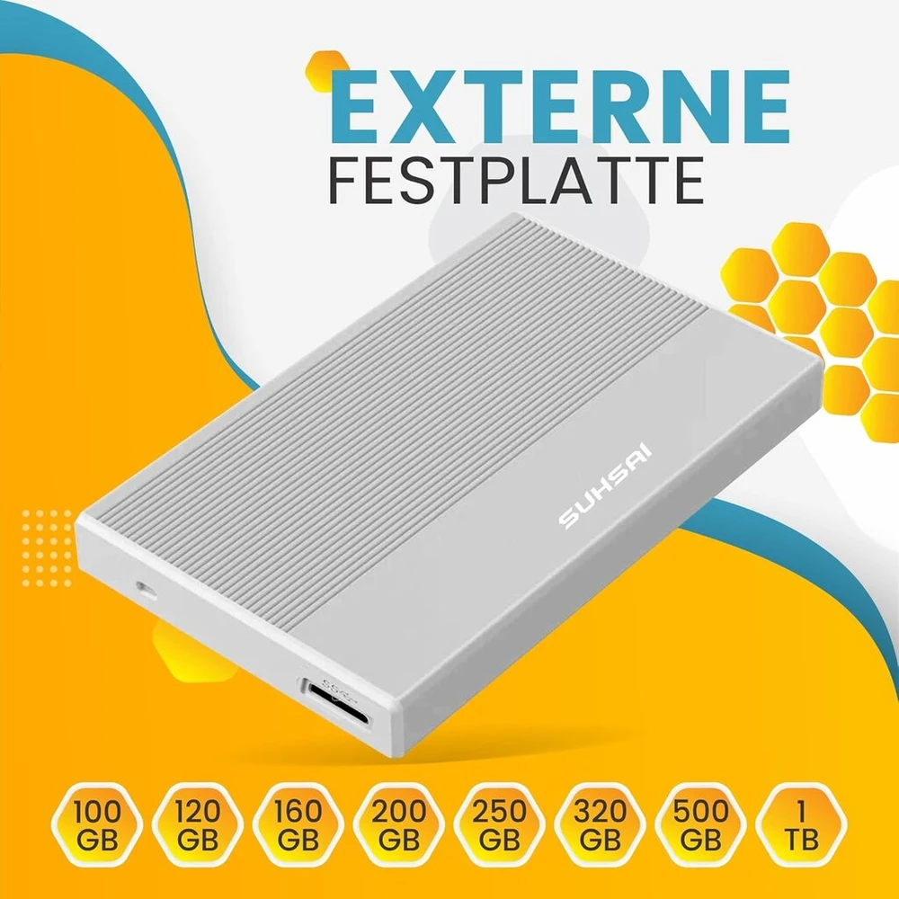 Suhsai išorinis kietasis diskas 1tb išorinis atsarginis diskas Usb 3.0 didelės spartos duomenų perdavimo kietasis diskas, suderinamas su Mac nešiojamuoju kompiuteriu, stacionariu kompiuteriu, žaidimų konsole (sidabrinis)