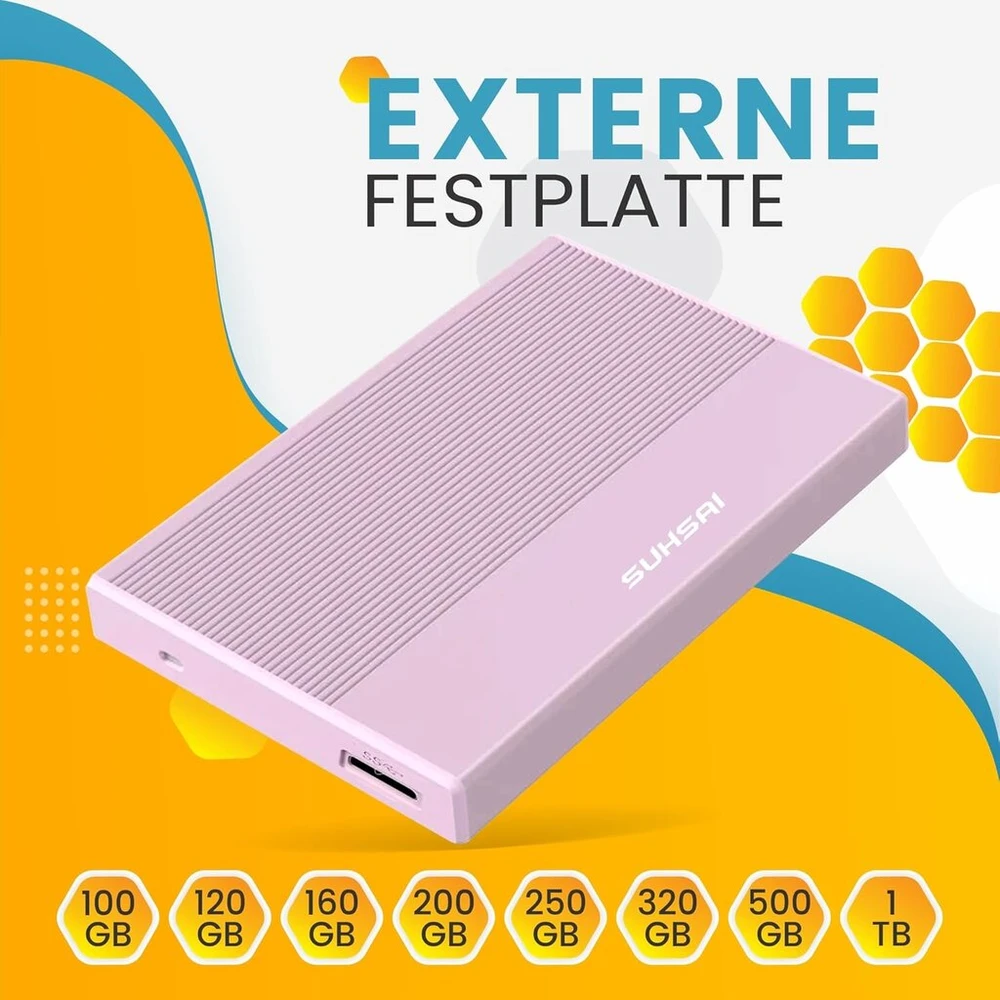 Suhsai išorinis kietasis diskas 250gb išorinis atsarginis diskas usb 3.0 didelės spartos duomenų perdavimo kietasis diskas, suderinamas su mac nešiojamuoju kompiuteriu, staliniu kompiuteriu, žaidimų konsole (rožinis)
