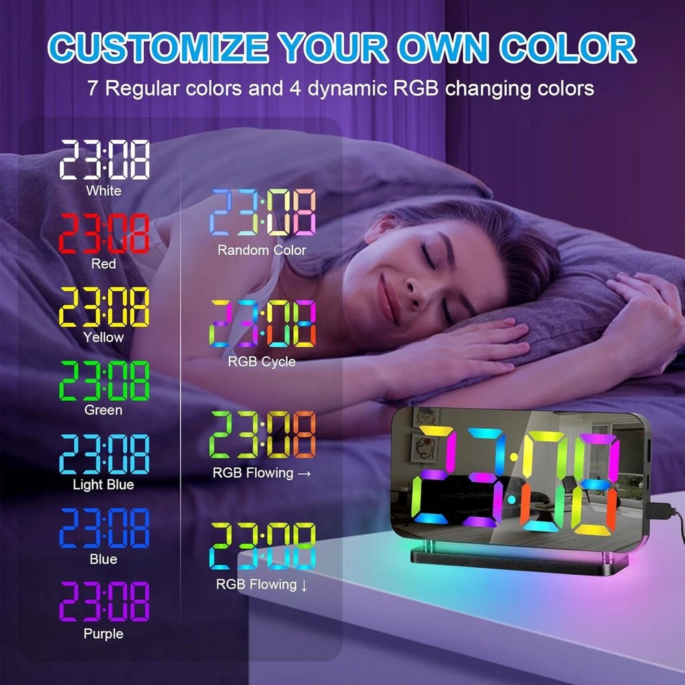 Sukeen Skaitmeninis žadintuvas, 7,4 colio skaitmeninis laikrodis-žadintuvas, veidrodinis skaitmeninis žadintuvas su 11 spalvų skaitmeniniu ekranu, 10 režimų rgb naktinė lemputė, usb-c įkrovimo prievadas, garsumas, ryškumas, stalas