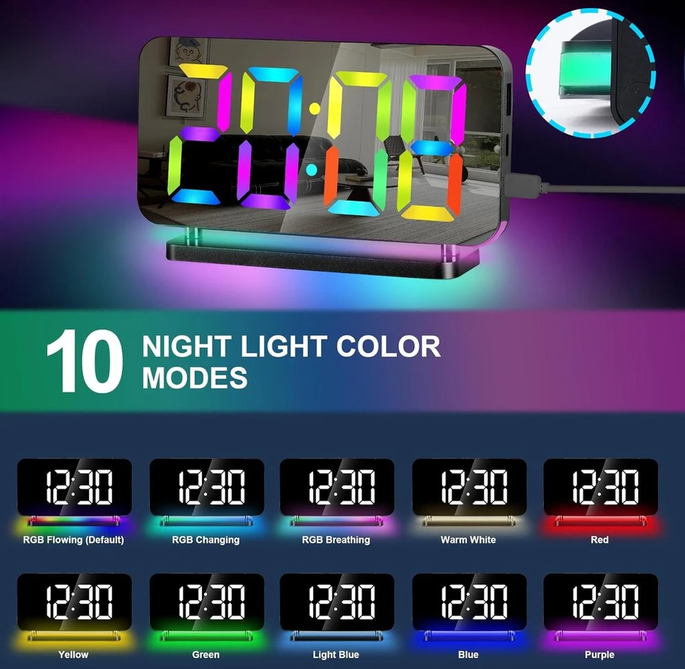 Sukeen Skaitmeninis žadintuvas, 7,4 colio skaitmeninis laikrodis-žadintuvas, veidrodinis skaitmeninis žadintuvas su 11 spalvų skaitmeniniu ekranu, 10 režimų rgb naktinė lemputė, usb-c įkrovimo prievadas, garsumas, ryškumas, stalas