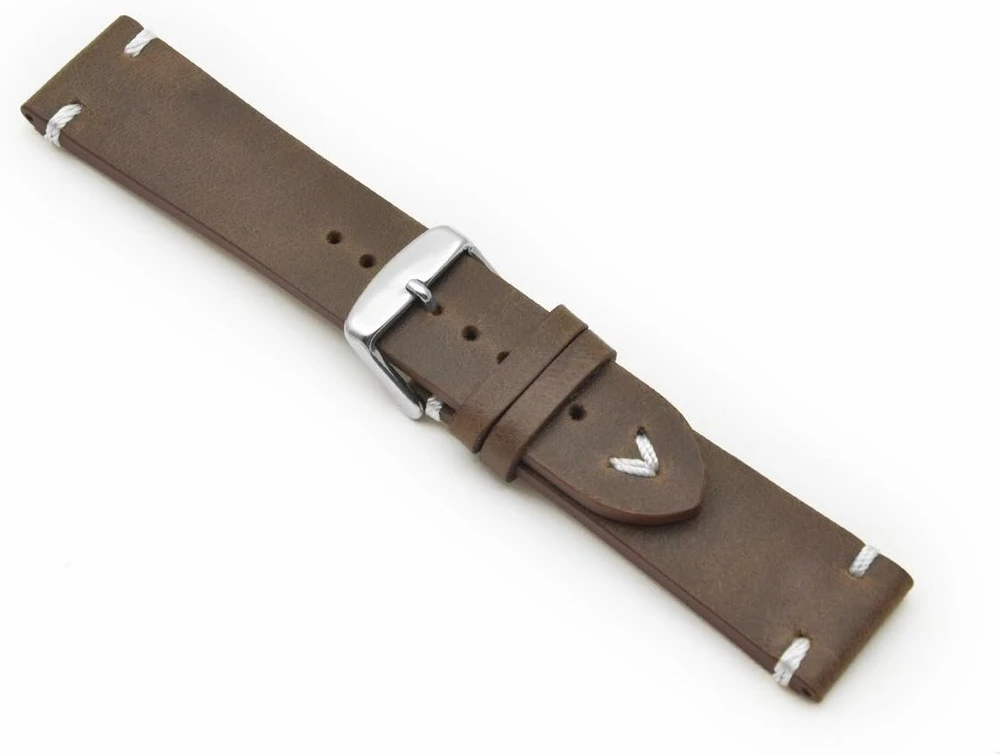 Sulla 20 mm vyriškas odinis vintage stiliaus laikrodžio dirželis, pilot stiliaus, su baltomis siūlėmis, rudas