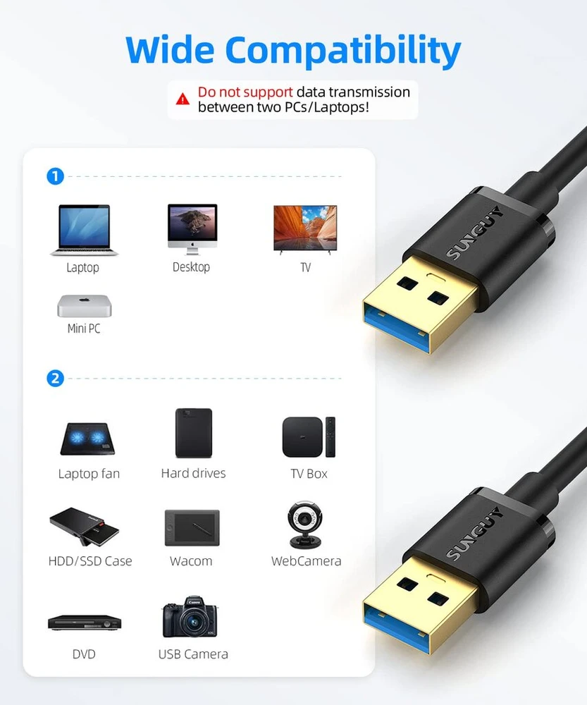 Sunguy usb 3.0 kabelis, 5 vnt., 1 m usb a–usb a kabelis, duomenų perdavimo sparta iki 5 gbps, a tipo kištukas–a tipo kištukas kabelis, suderinamas su spausdintuvais, modemais, standžiaisiais diskais, monitoriumi, kamera, wacom