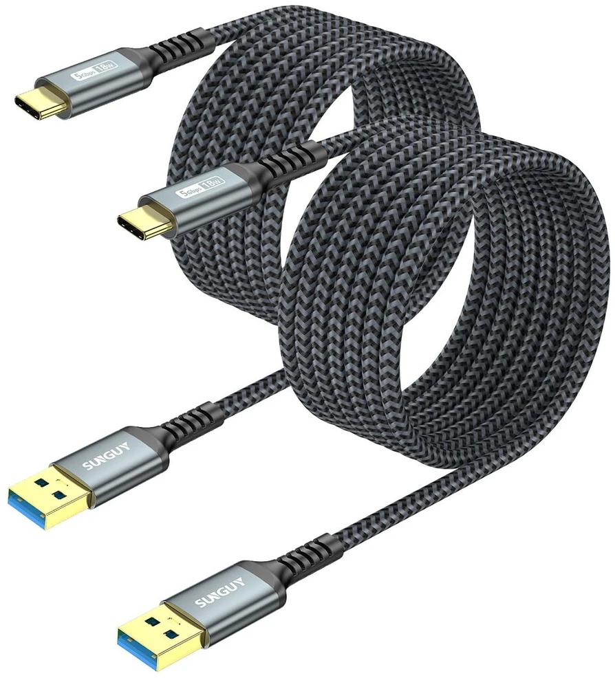 Sunguy usb c kabelis, [2 vnt. po 3 m] usb c į usb 5 gbps type c kabelis ir nailono pintas duomenų kabelis usb c, suderinamas su iphone 16/15 pro max, galaxy s24 s23, android auto
