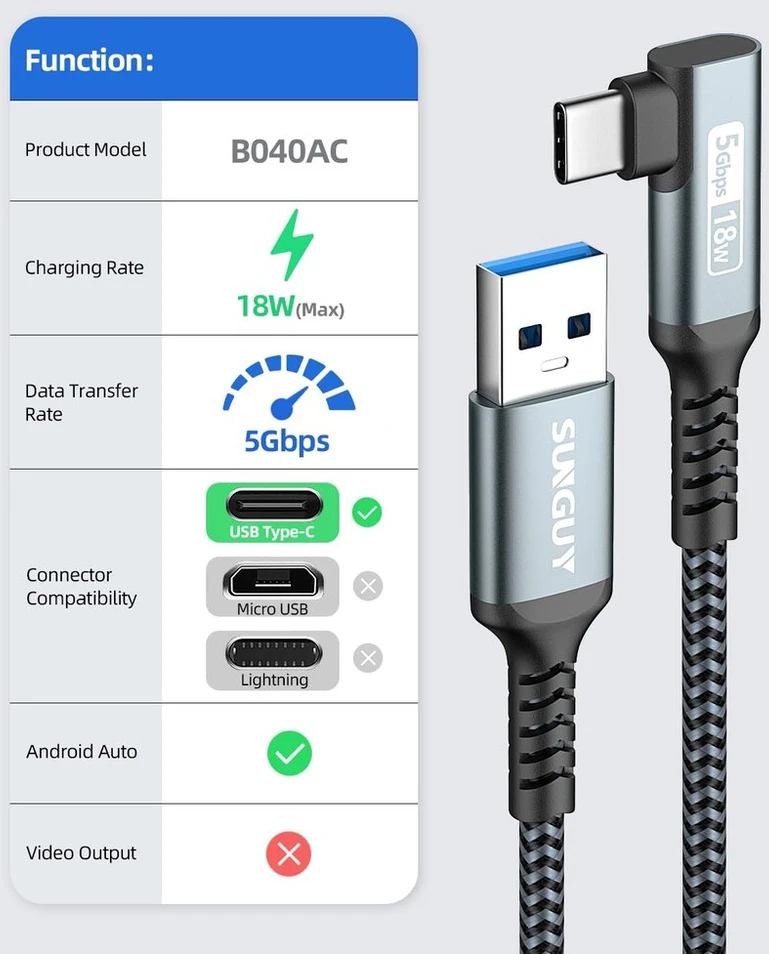 Sunguy usb c kabelis kampu, 2 m android automobilinis kabelis nailoninis kampinis 5 gbps usb c kabelis suderinamas su iphone 16/15 pro max, galaxy s24/s24+/s23/s22, p30 lite, redmi 10