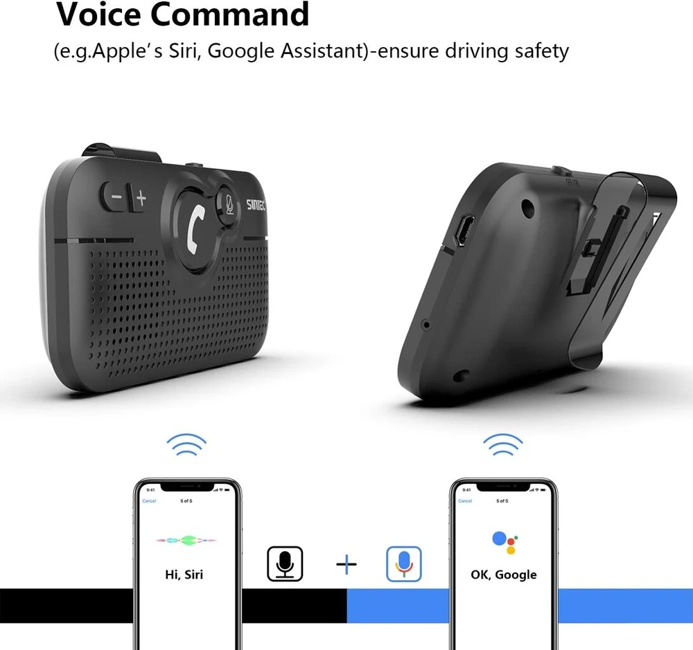 Sunitec laisvų rankų įranga automobiliui, bluetooth 5.0, palaiko gps, siri, muziką, automatinį įjungimą, google assistant, balso valdymą 2 telefonams vienu metu su saulės skydelio spaustukais