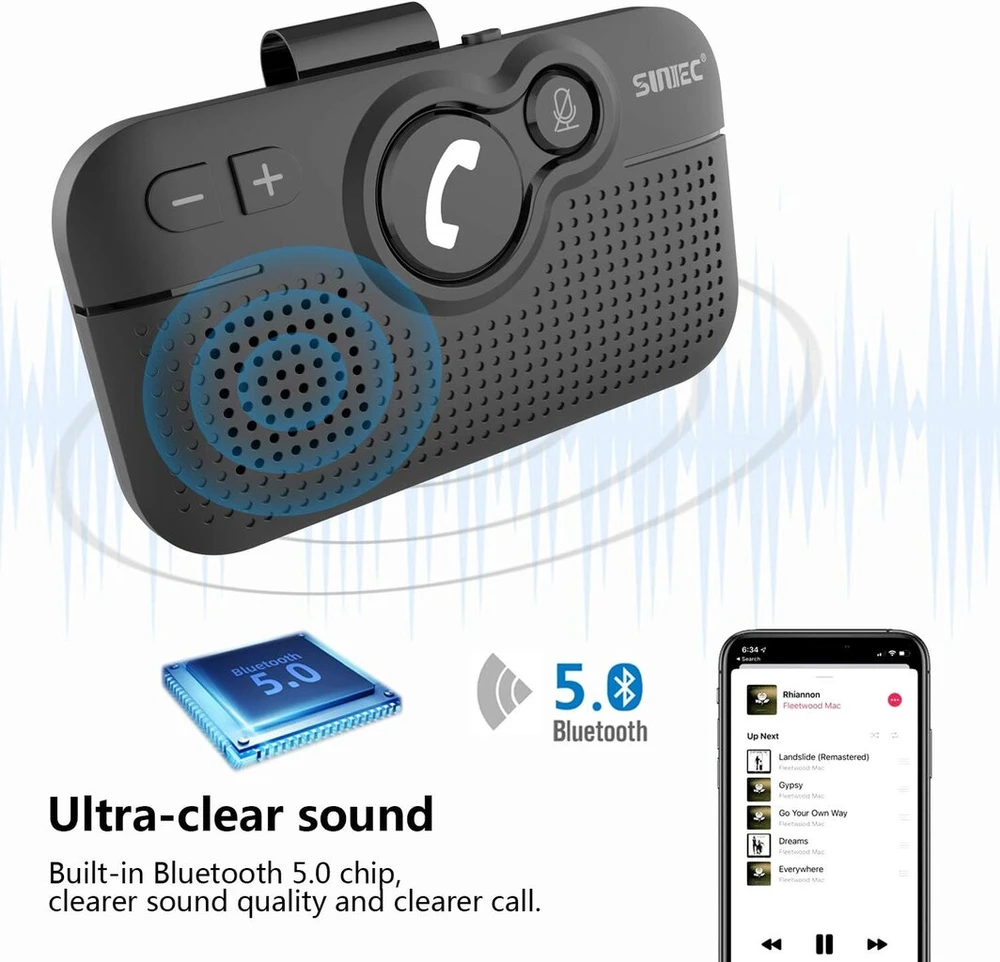 Sunitec laisvų rankų įranga automobiliui, bluetooth 5.0, palaiko gps, siri, muziką, automatinį įjungimą, google assistant, balso valdymą 2 telefonams vienu metu su saulės skydelio spaustukais