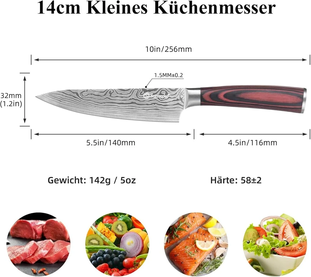 Sunnecko 14 cm virtuvinis peilis, šefo peilis, profesionalus peilis, mažas virtuvinis peilis, nerūdijančio plieno peilis mėsai su pakka medžio rankena, universalus peilis, aštrus virtuvinis peilis su dovanų dėžute