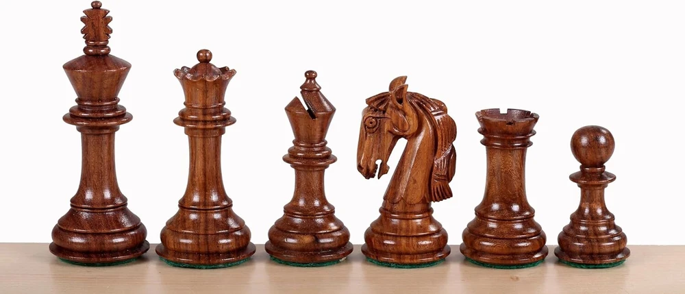 Sunrise Chess & Games Kolumbietiški šachmatų figūros - akacija ir buksmedis, 3.75 colio, rankų darbo, sunkios, egzotiško medžio dizainas