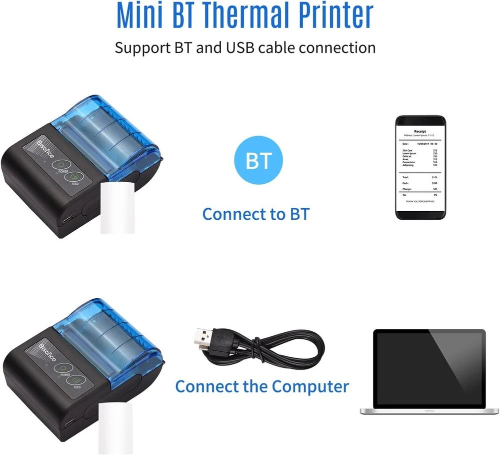 Sunydog terminis kvitų spausdintuvas, nešiojamas bt terminis spausdintuvas 2 colių belaidis usb sąskaitų spausdintuvas su 58 mm spausdinimo popieriumi, suderinamas su android/windows, skirtas restoranų pardavimams