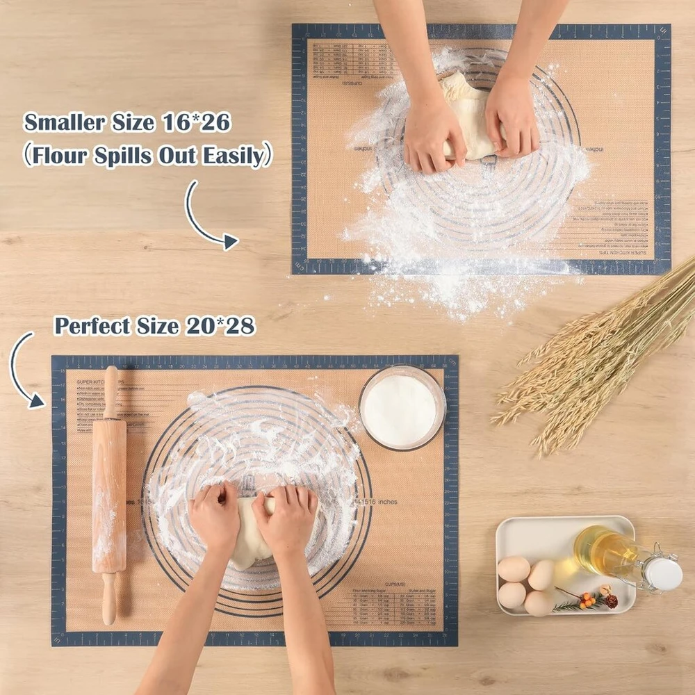 Super Kitchen didelis neslystantis silikoninis kepimo kilimėlis su tešlos pjaustykle, xxl nelimpantis tešlos kilimėlis, kočiojimo kilimėlis, silikoninis kepimo popierius, fondantinis picos tešlos kilimėlis, stalo kilimėlis (pilkas, 71 x 51 cm)