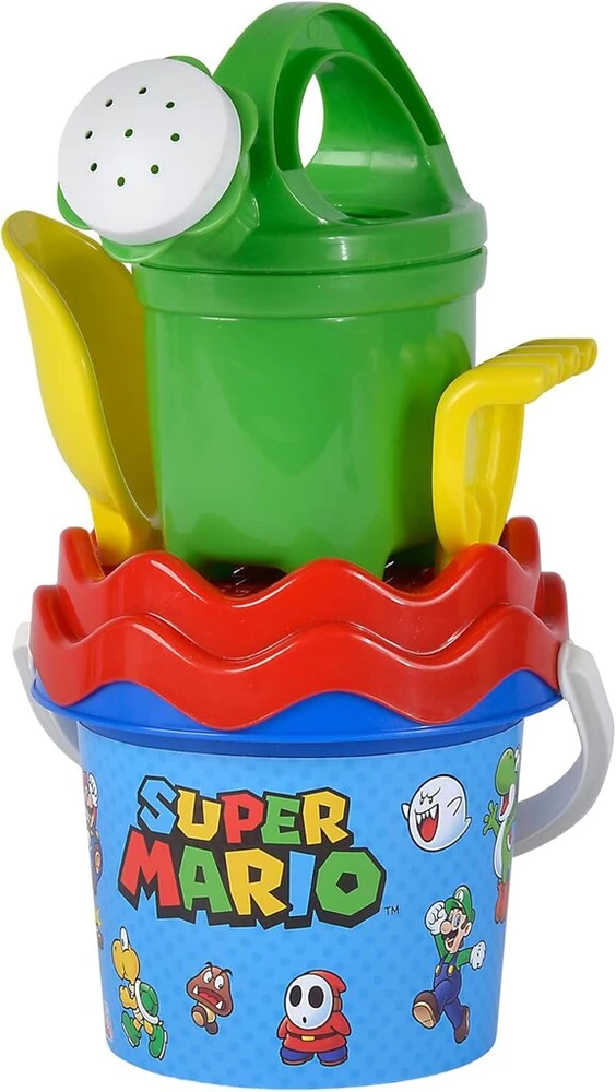 Super Mario kūdikio kibirėlių rinkinys, žaislai smėliui, 5 dalys, kibirėlis, sietelis, kastuvas, grėblys, laistytuvas, 11 cm, skersmuo: 14 cm, nuo 10 mėnesių, žalias