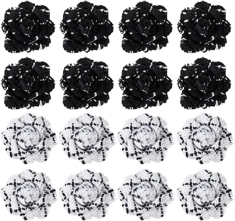 Superfindings 16 vnt. 2 spalvų trimatės audinio gėlės, aplikacijos, 3d nailono gėlės, juodos ir baltos gėlių aplikacijos dekoravimui drabužiams, vestuvėms, namų amatų dekoravimui