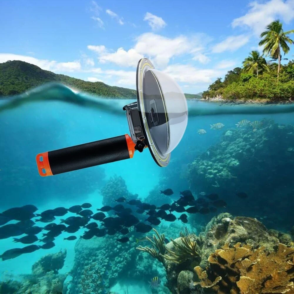 Suptig kupolinis objektyvas Gopro Hero 5/6 su vandeniui atspariu dėklu ir plaukiojančiu rankena