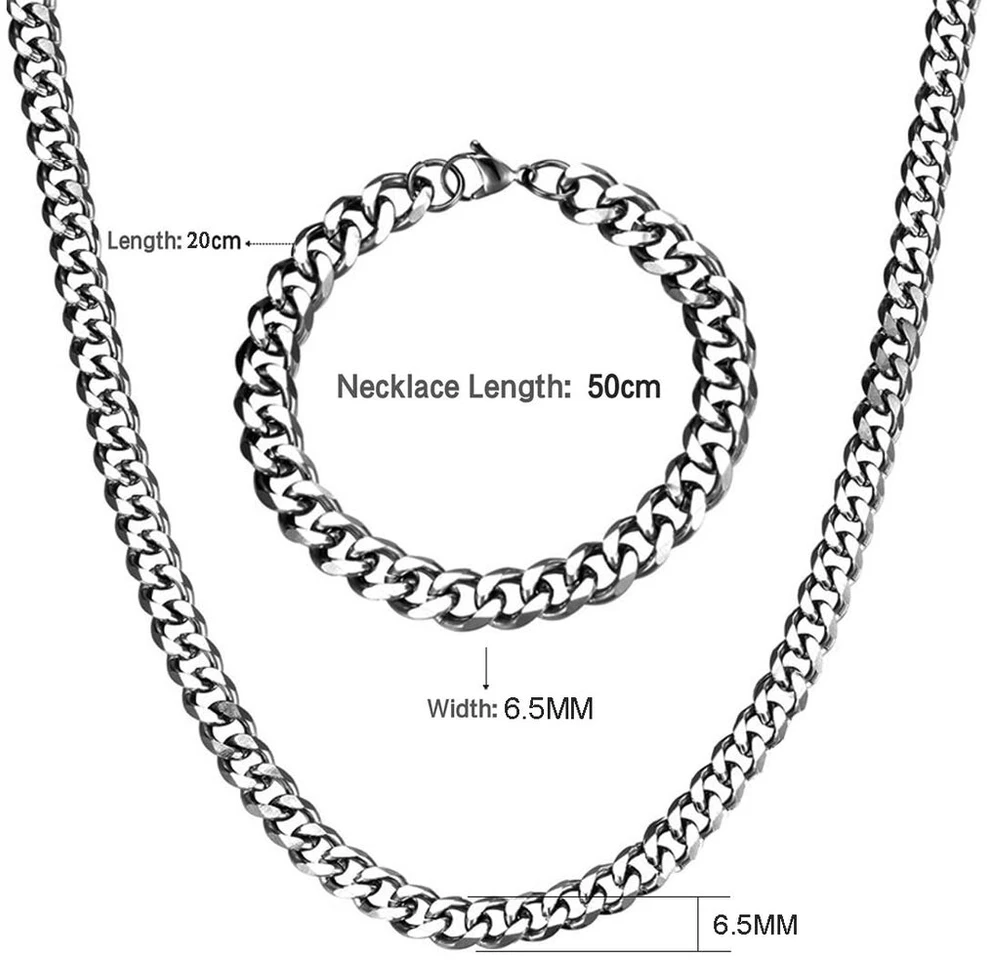 Suralin 2 dalių kubietiško stiliaus grandinėlė, 6.5 mm pločio, vyriškas kaklo papuošalas ir apyrankė, dovana repo hip-hopo gerbėjams (50 cm + 20 cm), nerūdijantis plienas
