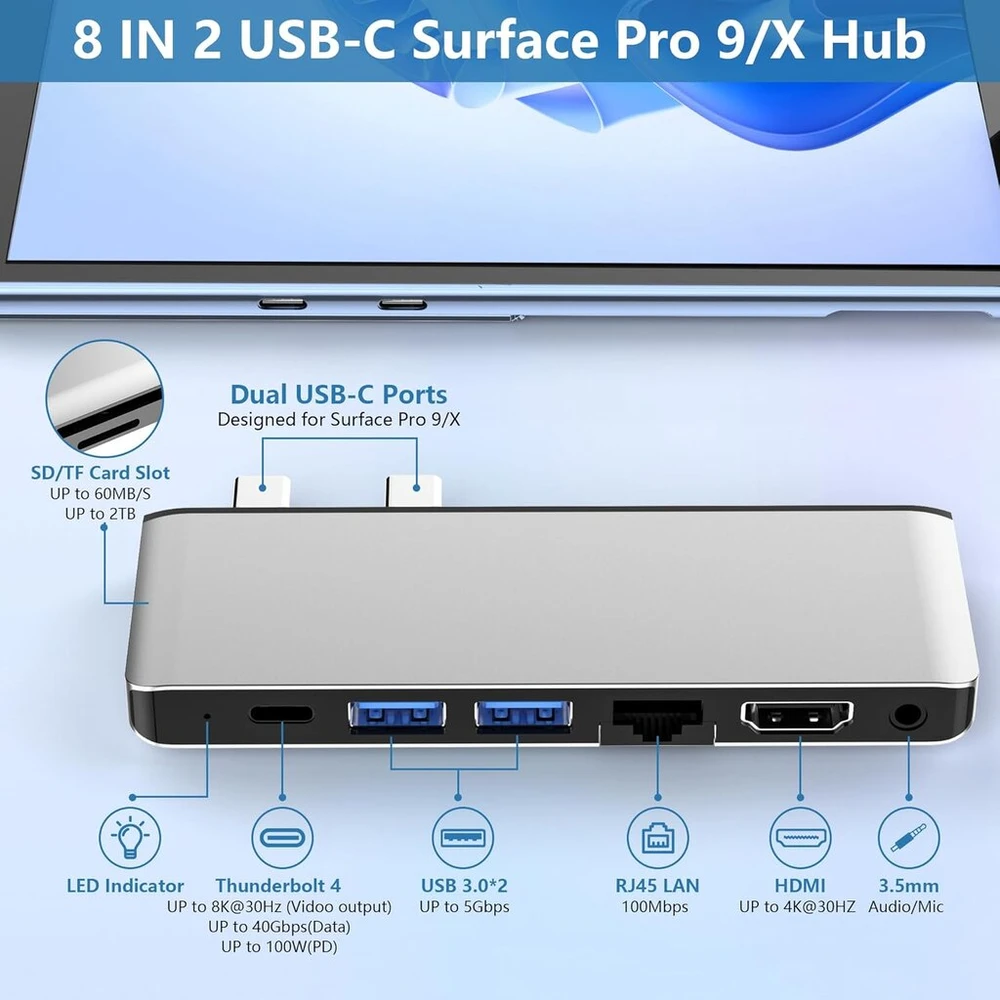 Surface Pro 11 10 9 dokstotis su 4k Hdmi, Thunderbolt 4 (8k vaizdo įrašas + 40 Gbps + 100 W galia), 100 M Rj45, 2 Usb 3.0, Sd Tf kortelių lizdas, 3,5 mm garso, Surface Pro 11/10/9/x priedai