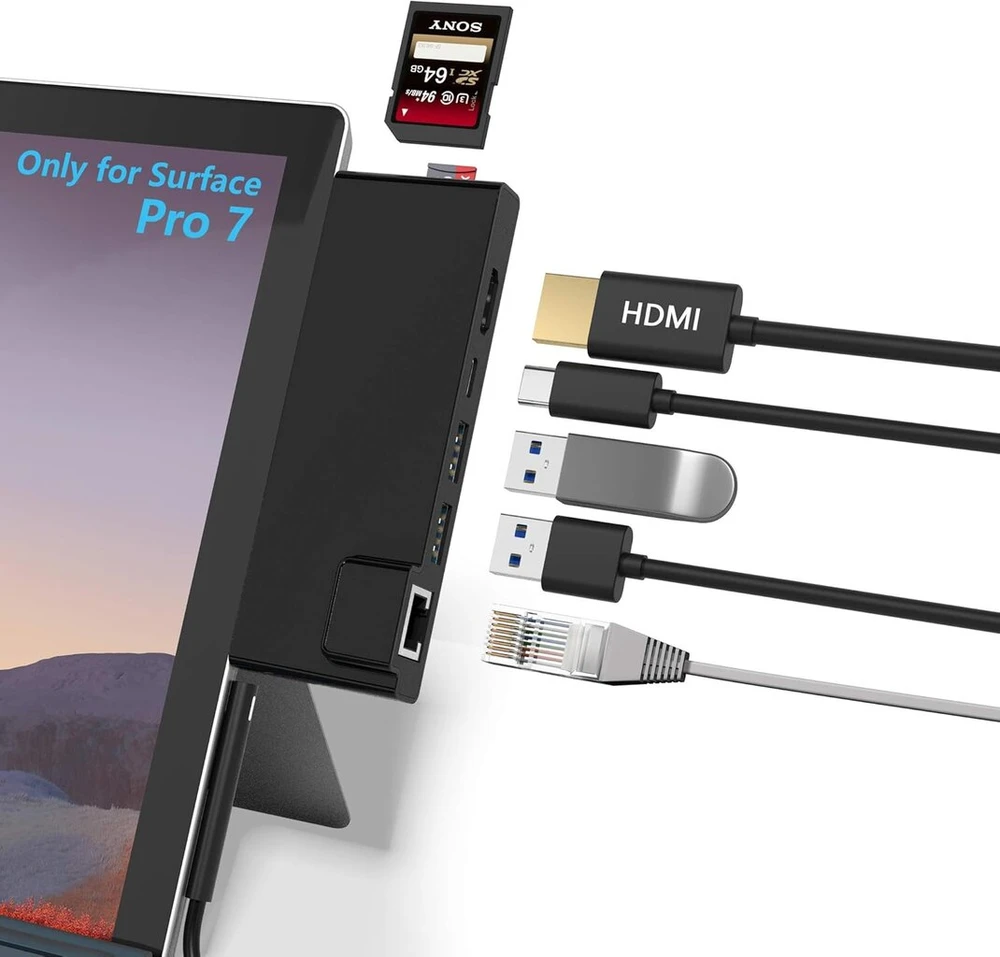 Surface Pro 7 doko stotis su 4k Hdmi adapteriu + Rj45 Ethernet Lan + Usb-c Pd įkrovimas + 2 prievadų Usb 3.0 + Sd/tf kortelių skaitytuvo adapteris, skirtas Microsoft Surface Pro 7