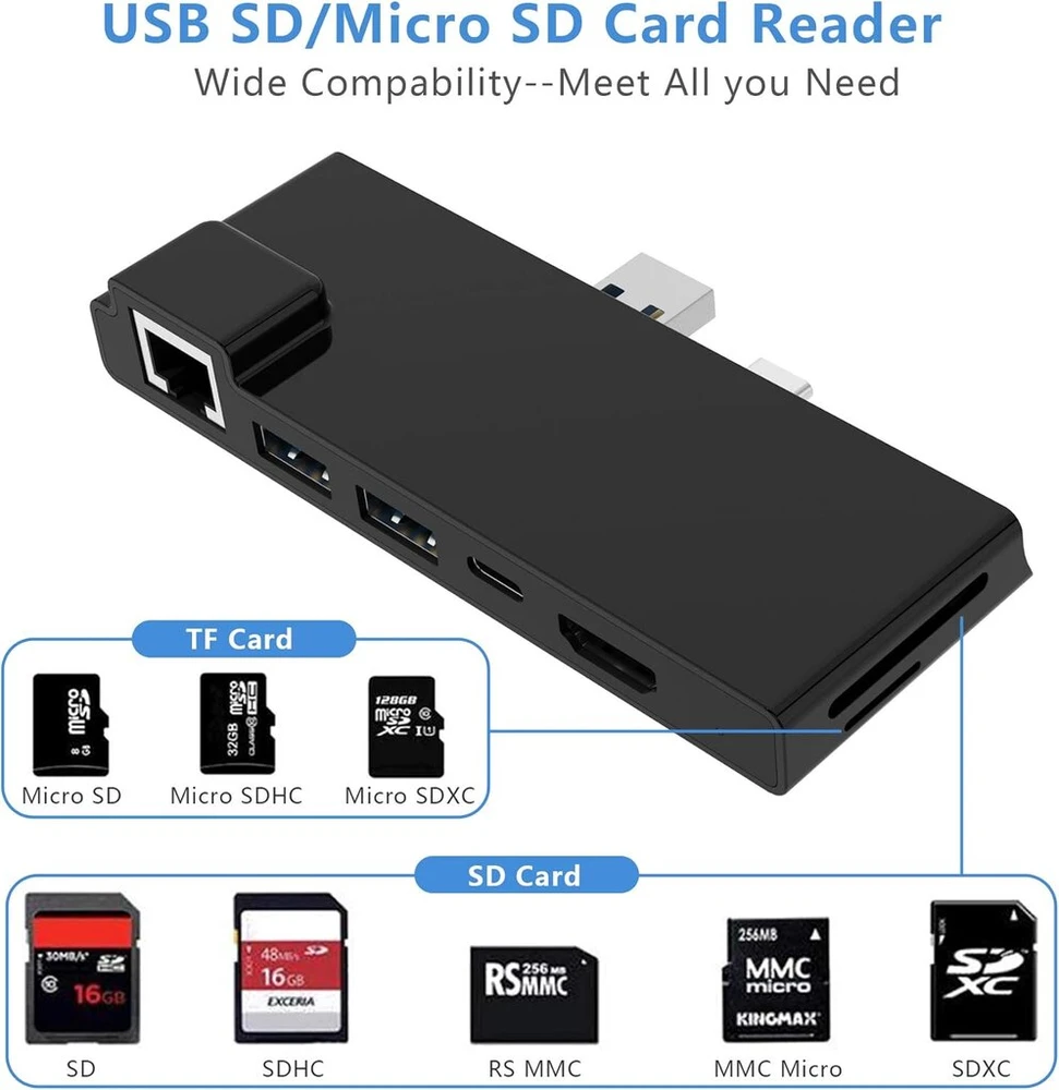 Surface Pro 7 doko stotis su 4k Hdmi adapteriu + Rj45 Ethernet Lan + Usb-c Pd įkrovimas + 2 prievadų Usb 3.0 + Sd/tf kortelių skaitytuvo adapteris, skirtas Microsoft Surface Pro 7