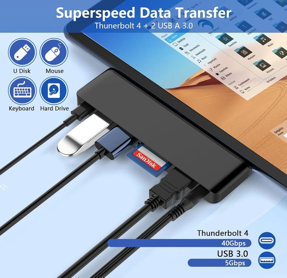 Surface Pro 9 dokas, suderinamas su Surface Pro 10/11/x - Surface Pro 9 adapteris su Thunderbolt 4 (vaizdas + duomenys + 100 W Pd), 4k Hdmi, 2 x Usb 3.0, Sd/tf kortelių skaitytuvas, 3,5 mm audio Surface Pro 9