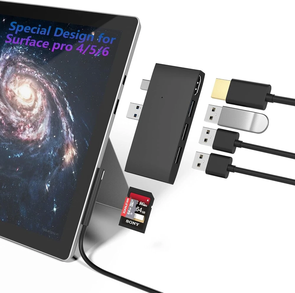 Surface Pro Usb dokstotelė, Bawanfa aliumininis Surface Pro 4/5/6 Usb 3.0 šakotuvas su 4k Hdmi, 1 x Usb 3.0 prievadas, 2 x Usb 2.0 prievadai, Sd/micro Sd kortelių skaitytuvas, skirtas Microsoft Surface Pro 4/5/6