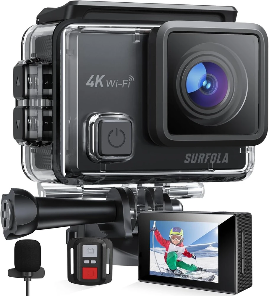 Surfola 4k veiksmo kamera, 40 m povandeninė kamera su stabilizavimu, 170° plataus kampo, išorinis mikrofonas, 2 įkraunamos baterijos, nuotolinio valdymo pultas ir montavimo priedai, skirtas paviršiniam nardymui