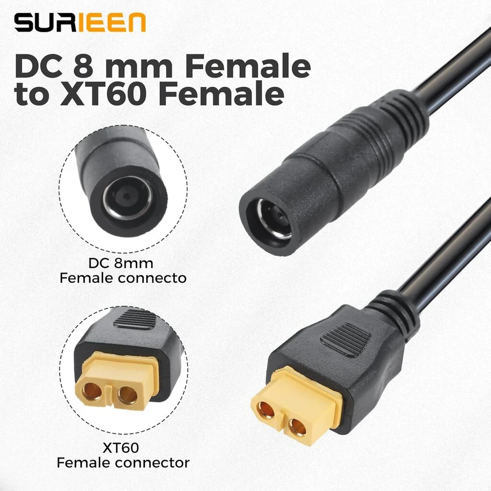 Surieen Dc 8 mm į Xt60 maitinimo kabelis, 1,5 m 14 Awg Xt60 lizdo adapterio kabelis skirtas saulės moduliui, nešiojamai elektrinei, saulės generatoriui (dc 8 mm moteriškas)