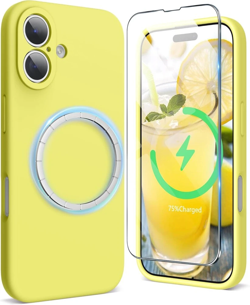 Surphy silikoninis dėklas, skirtas iphone 16 6.1 colio, su magsafe, ekrano apsauga ir pilna kameros apsauga, smūgiams atsparus mobiliojo telefono dėklas iphone 16 dėklas, skirtas magnetiniams priedams, geltonas