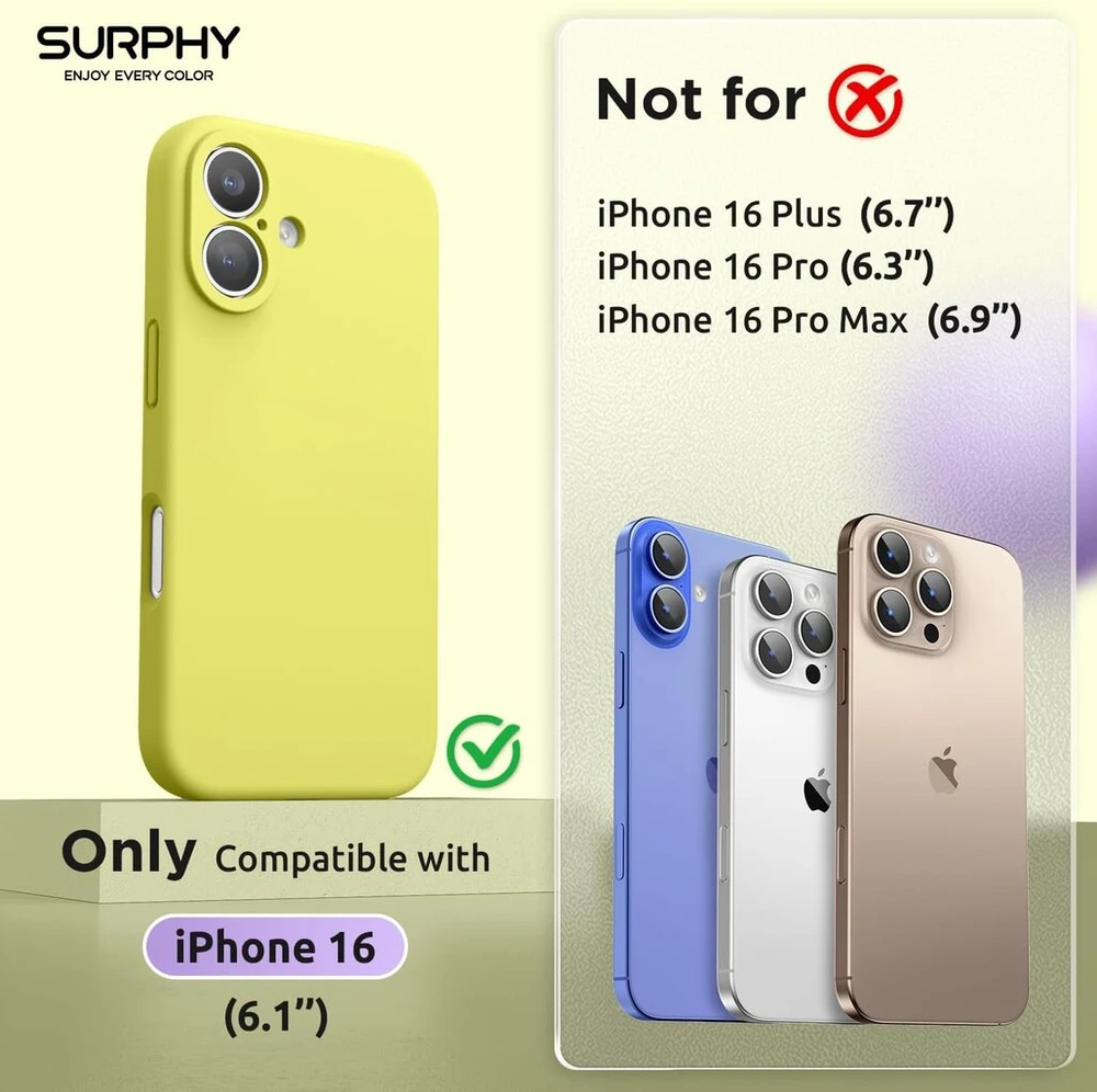 Surphy silikoninis dėklas, skirtas iphone 16 6.1 colio, su magsafe, ekrano apsauga ir pilna kameros apsauga, smūgiams atsparus mobiliojo telefono dėklas iphone 16 dėklas, skirtas magnetiniams priedams, geltonas
