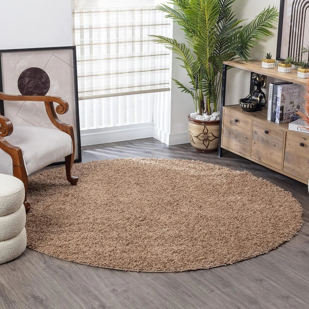 Surya Home Shaggy Berber kilimas – pūkuotas kilimas svetainei, valgomajam, miegamajam, ilgo plauko aukšto plauko kilimas pūkuotas – didelis kilimas 120 cm apvalus, šviesiai smėlio spalvos kilimas svetainei
