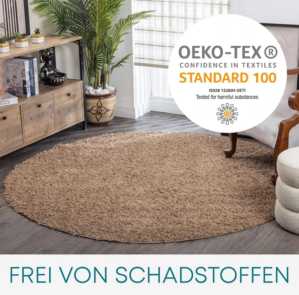 Surya Home Shaggy Berber kilimas – pūkuotas kilimas svetainei, valgomajam, miegamajam, ilgo plauko aukšto plauko kilimas pūkuotas – didelis kilimas 120 cm apvalus, šviesiai smėlio spalvos kilimas svetainei