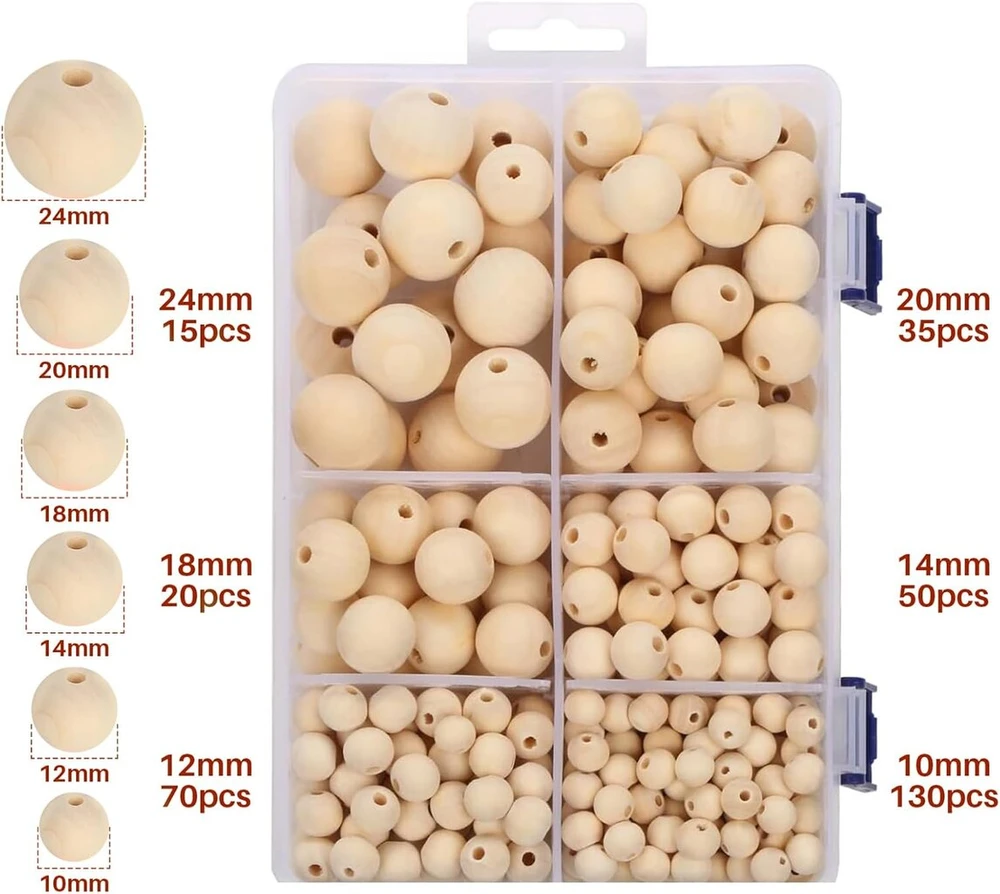 Suwineo 320 vienetų 10 mm 12 mm 14 mm 18 mm 20 mm 24 mm natūralūs mediniai rutuliukai su skylute, apvalūs mediniai karoliukai rankdarbiams, skirtiems "pasidaryk pats" dekoracijoms