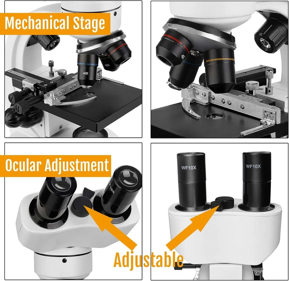 Svbony Sv605 mikroskopas, 80x-1600x binokulinis mikroskopas, su mechaniniu staliuku, dvigubu led apšvietimu, dvigubu fokusavimo filtru, sudėtinis, skirtas studentams, suaugusiems, pradedantiesiems, mokymo laboratoriniams stebėjimams