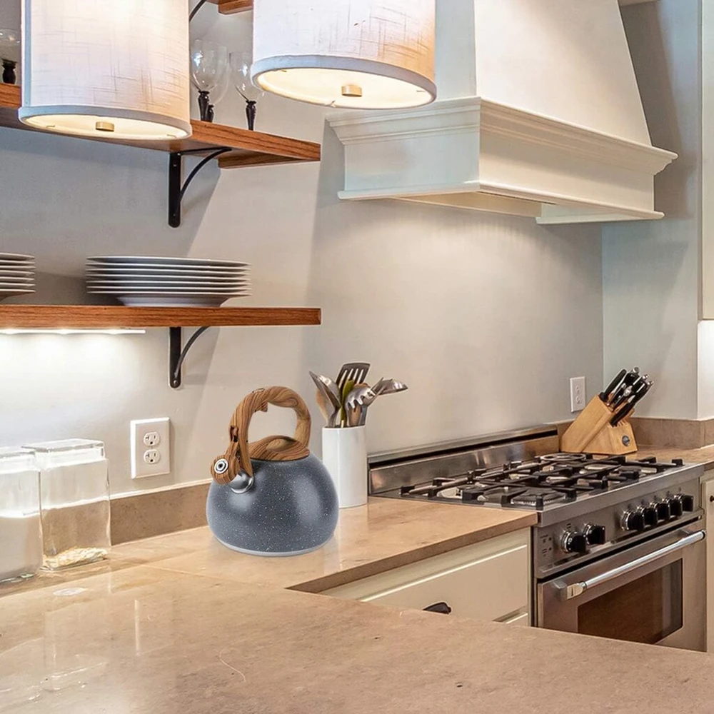 Švilpukas virdulys Stone Marble Finish arbatinukas nerūdijančio plieno švilpiantis virdulys su medine anti-karščio rankena, pilkas
