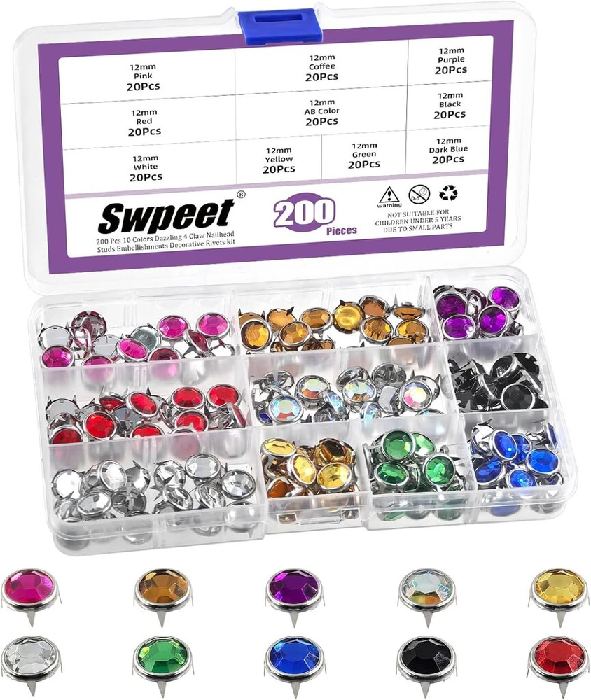 Swpeet 200 vienetų 12 spalvų 12 mm 4 nagų kalnų krištolas, kniedės, dekoracijų rinkinys, krištoliniai karoliukai su nagais, papildomi nagai „pasidaryk pats“ odos amatų taisymui, drabužių dekoravimui