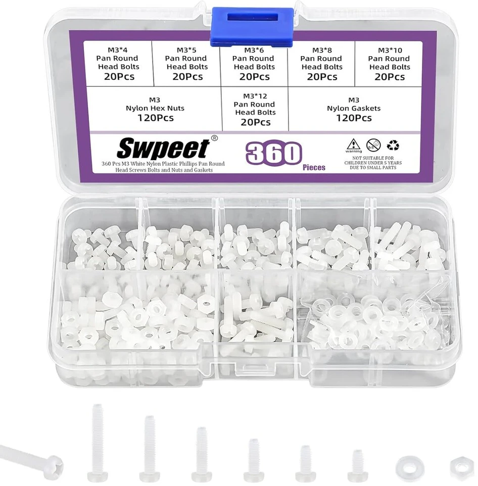 Swpeet 360 vnt. 6 dydžių M3 baltos spalvos nailoninės apvalios galvutės varžtai su šešiabriaunėmis veržlėmis ir sandariklių rinkiniu, nailoninis Phillips kryžminis apvalios galvutės varžtas, ilgis 4/5/6/8/10/12 mm