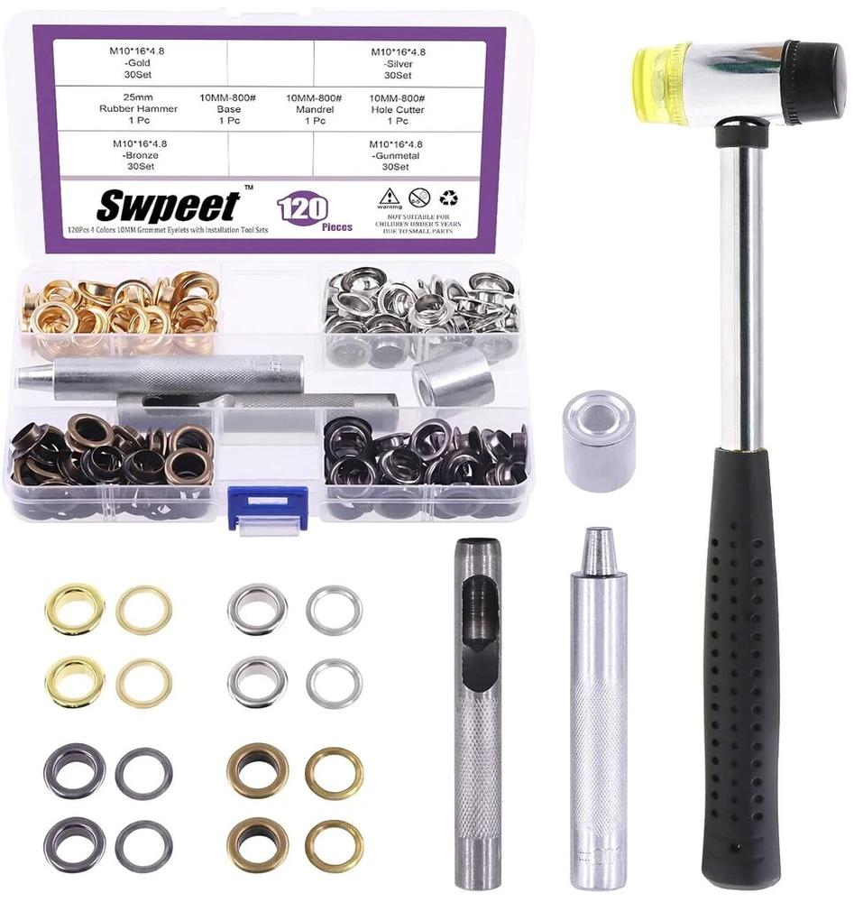 Swpeet 80 vnt. - 40 rinkinių 10 mm skylės kilpos, storos 4 spalvų metalinės kilpos ir 3 vnt. reguliavimo įrankis, minkštas guminis plaktukas drobės odos remontui