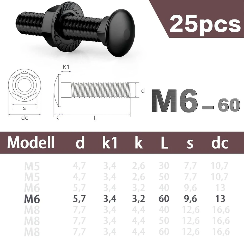 Swtyext 25 vnt. vežimo varžtų rinkinys m6 x 60 mm nerūdijančio plieno 304 plokščia galvute, juodo oksido a2 su flanšinėmis veržlėmis m6 din 6923 vartų vyrių varžtai, skirti statybos pramonei