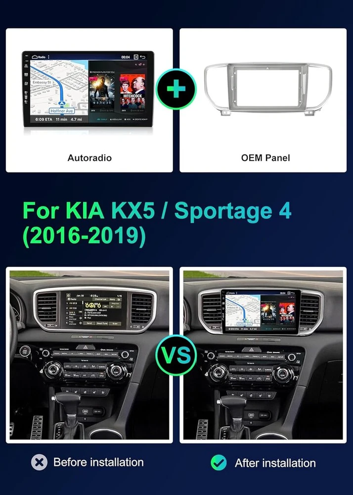 Automagnetola Sxauto Android 14-6g+128g automobilinis radijas Kia Kx5 / Sportage 4 (2016-2019) Gps navigacijos radijas - belaidis Carplay Android Auto - Led kamera + mikrofonas -dab vairo valdymas 360-cam Dsp 2 Din Ips 9 colių