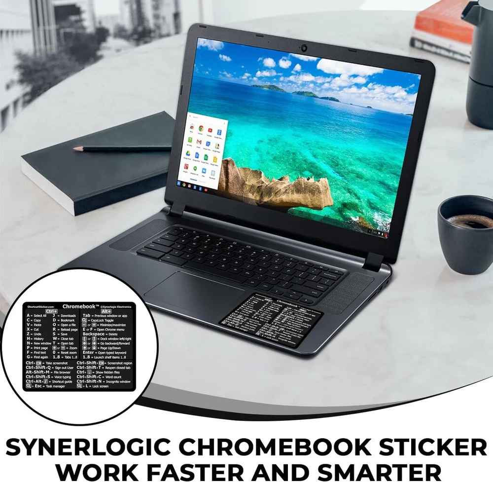 Synerlogic Chromebook (chrome Os) spartusis klavišų lipdukas, neliekantis likučių laminuotas vinilo apgaulės lapelis Chromebook klaviatūros lipdukas 76 x 61 mm (juodas)