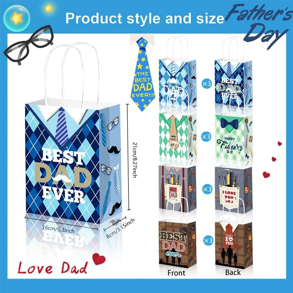 Syttnum 24 vnt. tėvo dienos dovanų maišelių rinkinys „happy Father's Day“ 21 cm x 16 cm x 8 cm, popieriniai dovanų maišeliai tėčiui, tėvo dienos vakarėlio reikmenys tėčiui, seneliui, tėvo dienos, vakarėlio reikmenys