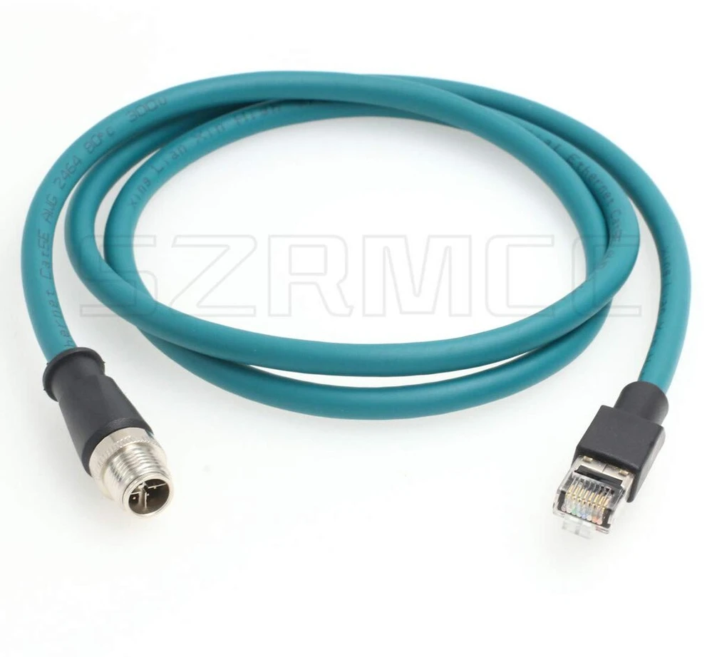 Szrmcc m12 8-pin x-coded male į rj45 ethernet cat7e gigabit ekranuotas vandeniui atsparus kabelis, skirtas basler gige cognex in-sight vision kamerų jutikliams (mėlynas, 3 m)